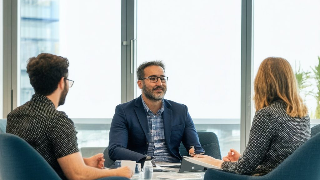 A senior advisor in conversation with two colleagues