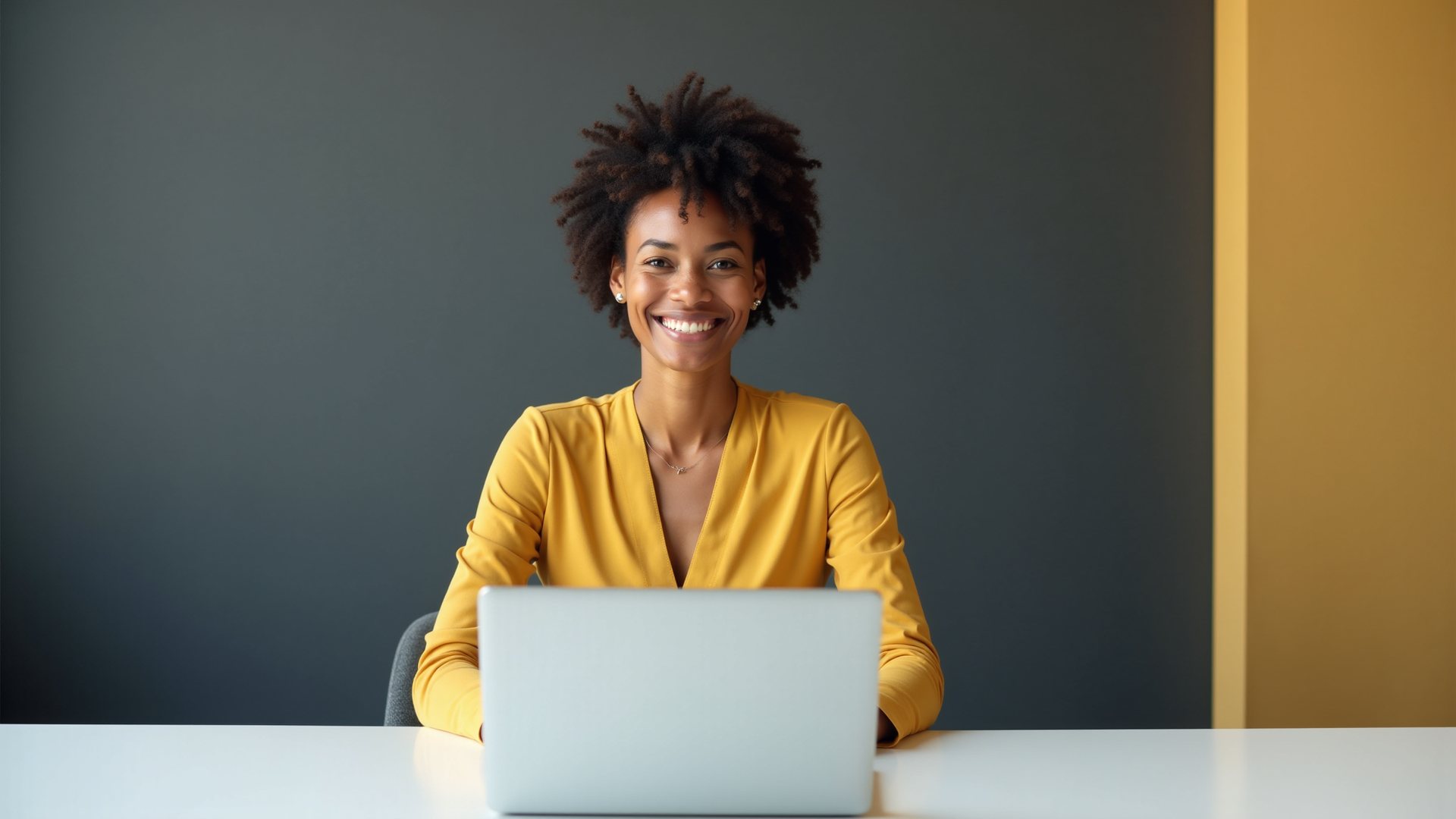 A consultant smiling at her laptop in a warm, modern office